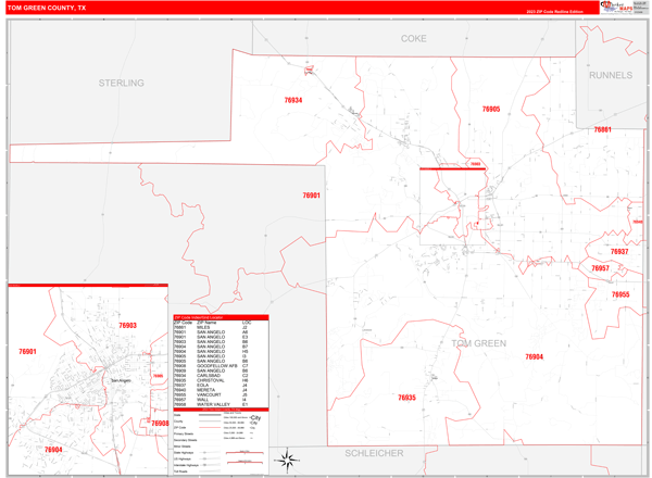 Tom Green County Wall Map Red Line Style